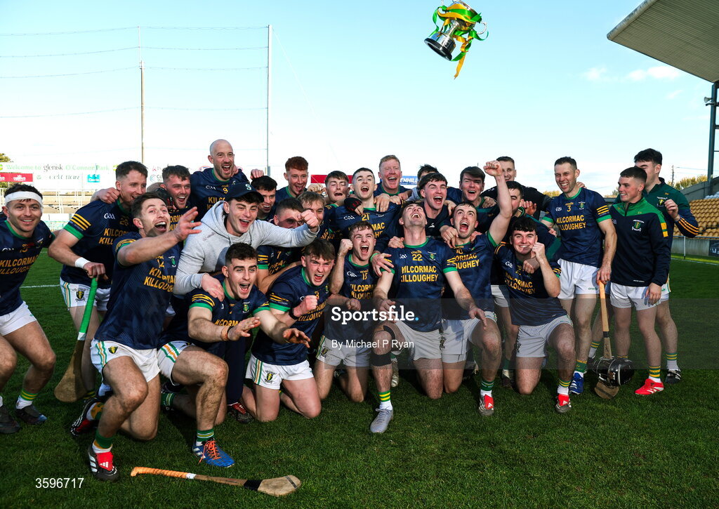 18 October 2026; Kilcormac - Killoughey players celebrate with the Sean Robbins Cup after the Offaly County Senior Club Hurling Championship final match between Kilcormac - Killoughey and Ballinamerey at Glenisk O'Connor Park in Tullamore, Offaly. Photo by Michael P Ryan/Sportsfile