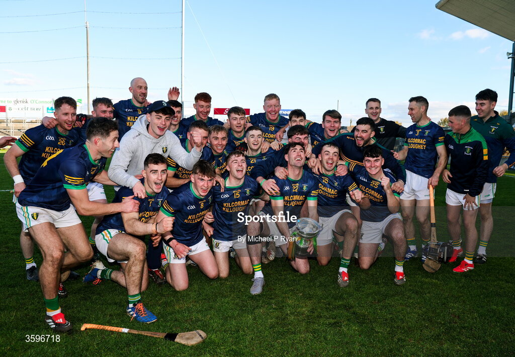18 October 2026; Kilcormac - Killoughey players celebrate with the Sean Robbins Cup after the Offaly County Senior Club Hurling Championship final match between Kilcormac - Killoughey and Ballinamerey at Glenisk O'Connor Park in Tullamore, Offaly. Photo by Michael P Ryan/Sportsfile