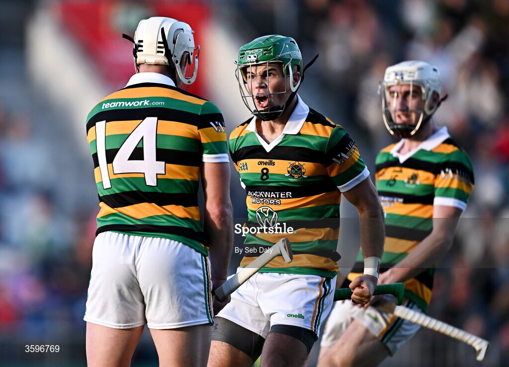 18 October 2026; Rhys Dunne of Glen Rovers, centre, celebrates with teammate Patrick Horgan, 14, during the Cork County Premier Senior Club Hurling Championship final match between Glen Rovers and St Finbarr's at SuperValu Páirc Uí Chaoimh in Cork. Photo by Seb Daly/Sportsfile