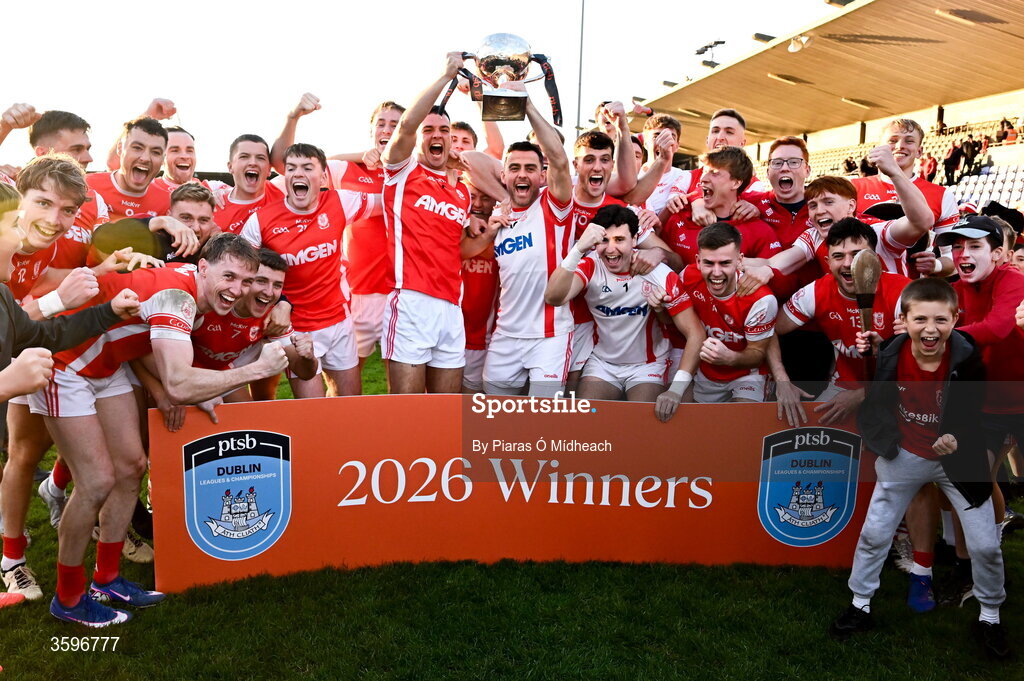 18 October 2026; Cuala players and supporters celebrate after victory in the PTSB Dublin County Senior Club Football Championship final match between Castleknock and Cuala at Parnell Park in Dublin. Photo by Piaras Ó Mídheach/Sportsfile