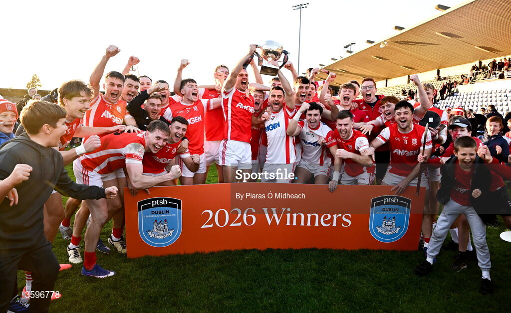 18 October 2026; Cuala players and supporters celebrate after victory in the PTSB Dublin County Senior Club Football Championship final match between Castleknock and Cuala at Parnell Park in Dublin. Photo by Piaras Ó Mídheach/Sportsfile