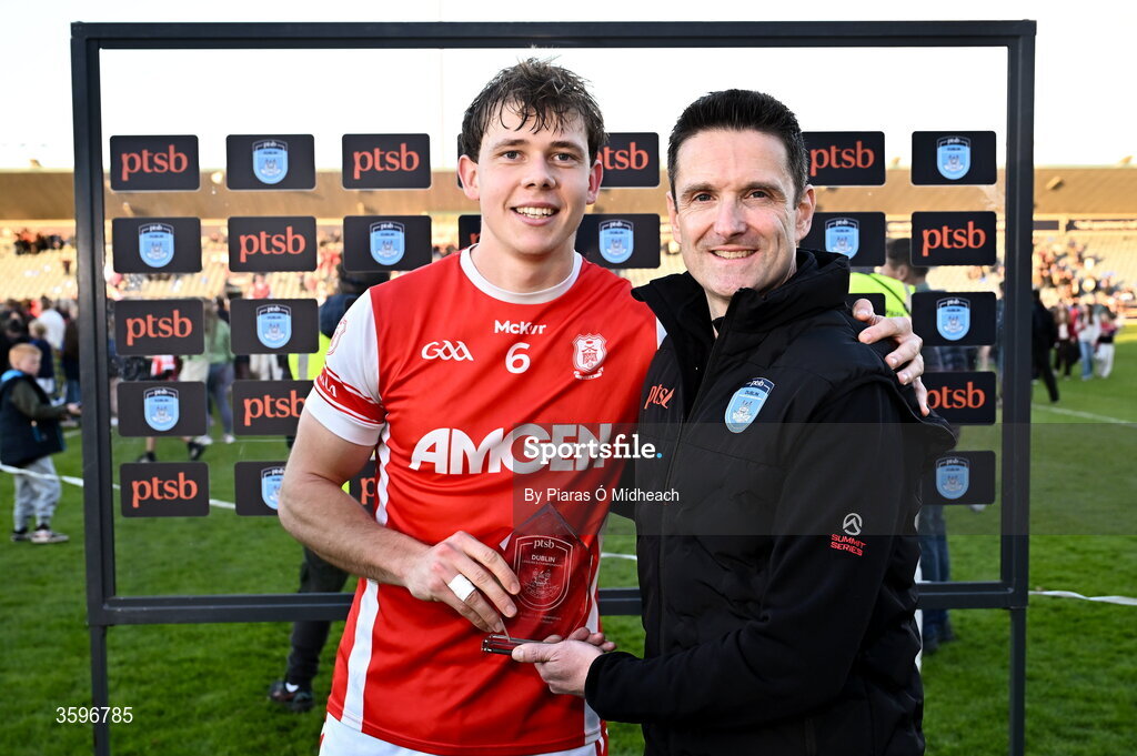 18 October 2026; Charlie McMorrow of Cuala is presented with the PTSB Player of the Match by Stephen Jackson of PTSB after the PTSB Dublin County Senior Club Football Championship final match between Castleknock and Cuala at Parnell Park in Dublin. Photo by Piaras Ó Mídheach/Sportsfile