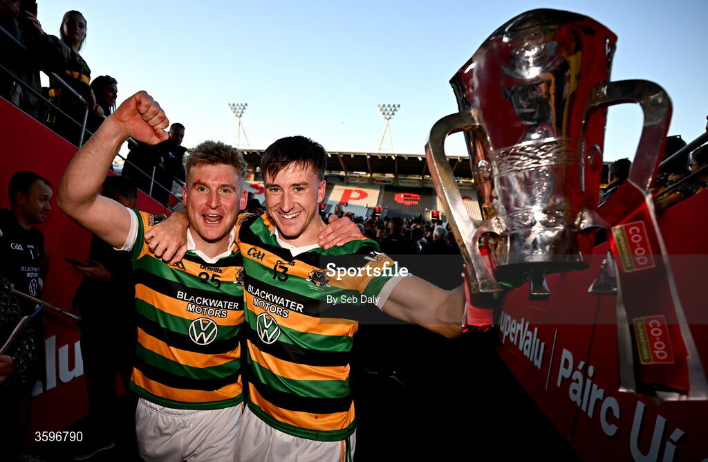 18 October 2026; Glen Rovers players Simon Kennefick, right, and David Dooling of Glen Rovers celebrate with the Seán Óg Murphy Cup after their side's victory in the Cork County Premier Senior Club Hurling Championship final match between Glen Rovers and St Finbarr's at SuperValu Páirc Uí Chaoimh in Cork. Photo by Seb Daly/Sportsfile