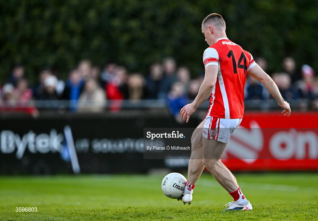 18 October 2026; Con O’Callaghan of Cuala scores his side's second goal during the PTSB Dublin County Senior Club Football Championship final match between Castleknock and Cuala at Parnell Park in Dublin. Photo by Piaras Ó Mídheach/Sportsfile