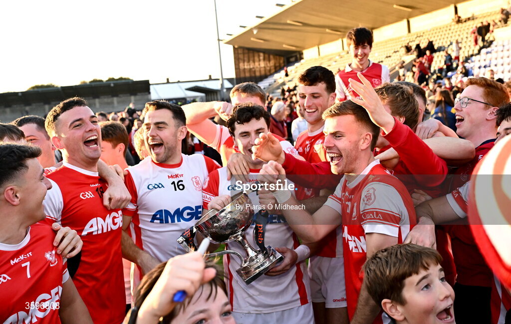 18 October 2026; Cuala players celebrate after the PTSB Dublin County Senior Club Football Championship final match between Castleknock and Cuala at Parnell Park in Dublin. Photo by Piaras Ó Mídheach/Sportsfile