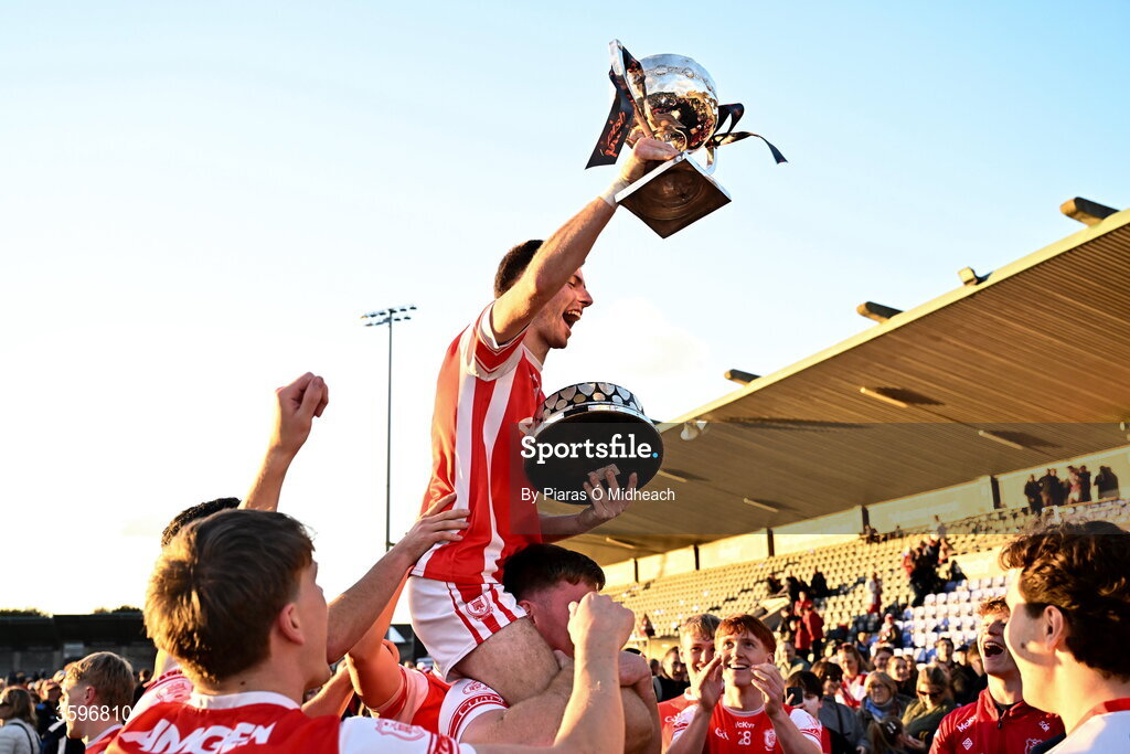 18 October 2026; Cal Doran of Cuala celebrates with the cup after his side's victory in the PTSB Dublin County Senior Club Football Championship final match between Castleknock and Cuala at Parnell Park in Dublin. Photo by Piaras Ó Mídheach/Sportsfile