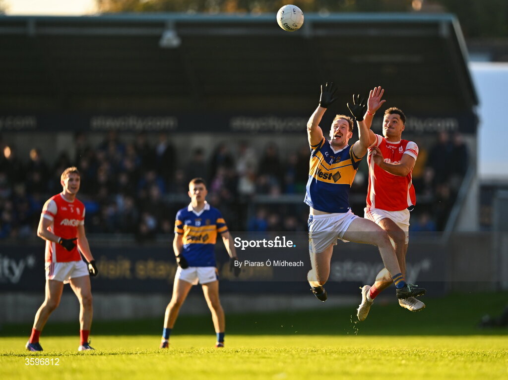 18 October 2026; Senan Forker of Castleknock in action against Peter Duffy of Cuala during the PTSB Dublin County Senior Club Football Championship final match between Castleknock and Cuala at Parnell Park in Dublin. Photo by Piaras Ó Mídheach/Sportsfile