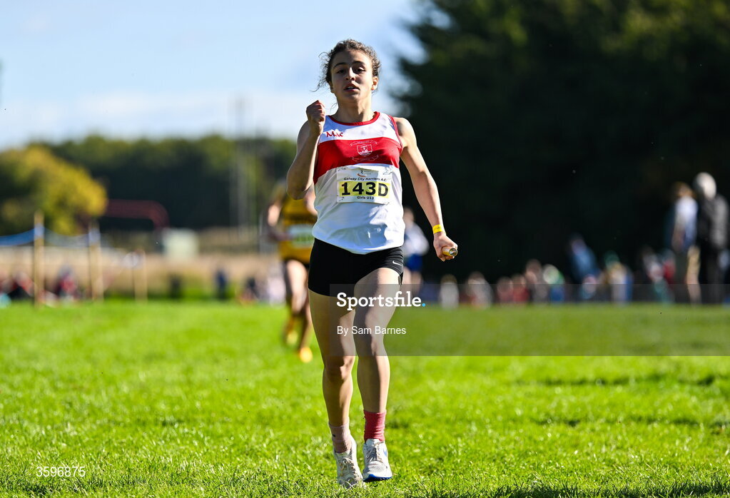 18 October 2026; Maneli Fazeli of Galway City Harriers AC, on her way to winning the U13 Girls 4x500m Relay during the Autumn Open Cross Country International at the Sport Ireland Campus in Dublin. Photo by Sam Barnes/Sportsfile