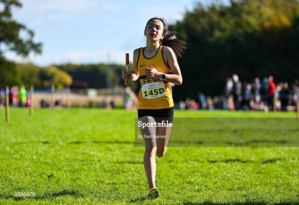 18 October 2026; Emma Wang of Leevale AC A, Cork, on her way to finishing second in the U13 Girls 4x500m Relay  during the Autumn Open Cross Country International at the Sport Ireland Campus in Dublin. Photo by Sam Barnes/Sportsfile