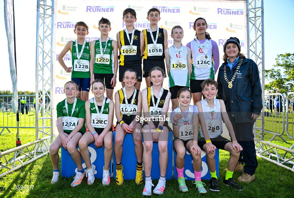 18 October 2026; Athletics Ireland President Brid Golden with U12 4x500m Mixed Relay medallists, Dunshaughlin AC A, Meath, centre, gold, Newbridge AC A, Kildare, left, silver, and St Coca's AC, Kildare, right, bronze, during the Autumn Open Cross Country International at the Sport Ireland Campus in Dublin. Photo by Sam Barnes/Sportsfile