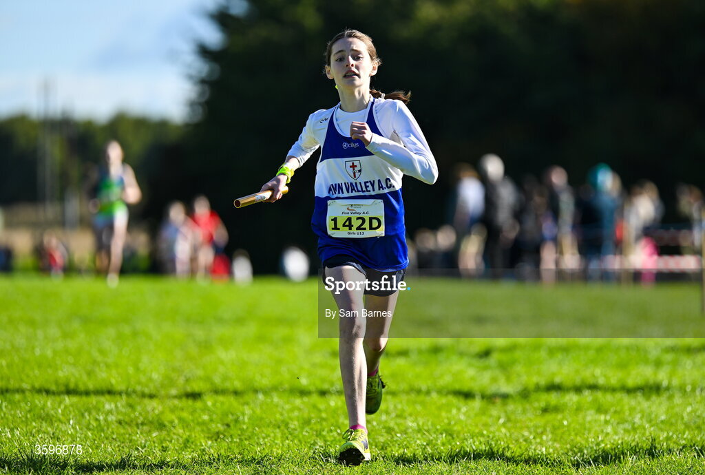 18 October 2026; Sorcha Cunningham of Finn Valley AC, Donegal, on her way to finishing third in the U13 Girls 4x500m Relay during the Autumn Open Cross Country International at the Sport Ireland Campus in Dublin. Photo by Sam Barnes/Sportsfile