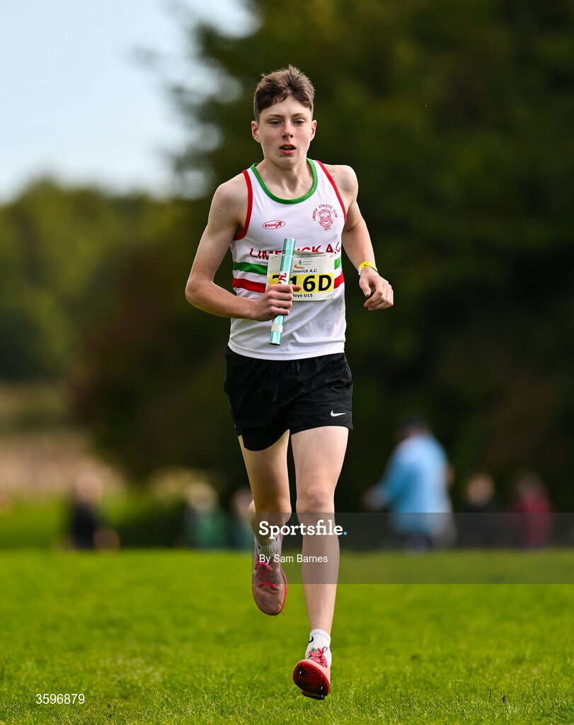 18 October 2026; Killian Coman of Limerick AC, competing in the U15 Boys 4x1000m Relay during the Autumn Open Cross Country International at the Sport Ireland Campus in Dublin. Photo by Sam Barnes/Sportsfile