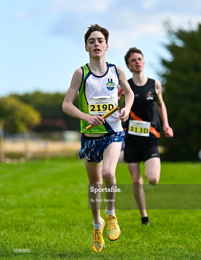 18 October 2026; Darragh McHale of Moy Valley AC, Mayo, on his way to winning the U15 Boys 4x1000m Relay during the Autumn Open Cross Country International at the Sport Ireland Campus in Dublin. Photo by Sam Barnes/Sportsfile