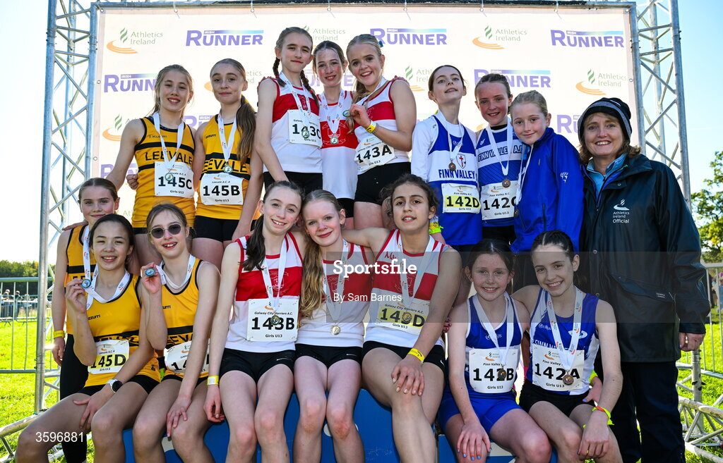 18 October 2026; Athletics Ireland President Brid Golden with U13 Girls 4x500m Relay medallists, Galway City Harriers AC, centre, gold, Leevale AC A, Cork, left, silver, and Finn Valley AC, Donegal, right, bronze, during the Autumn Open Cross Country International at the Sport Ireland Campus in Dublin. Photo by Sam Barnes/Sportsfile