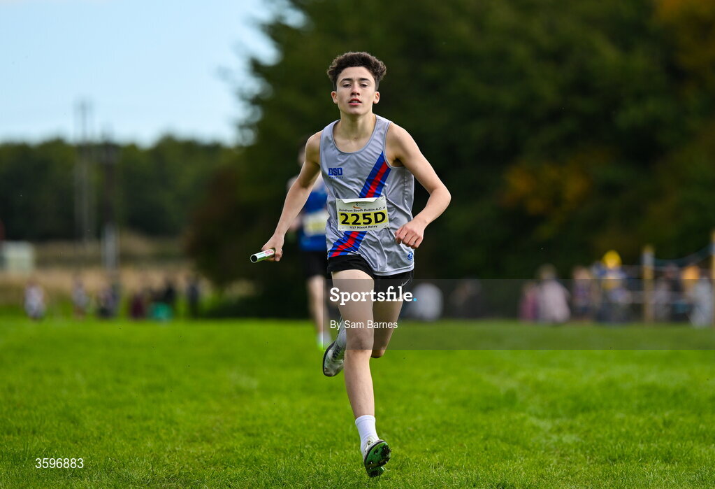18 October 2026; Ethan Brownhill of Dundrum South Dublin AC A, on his way to winning the U17 4x1000m Mixed Relay during the Autumn Open Cross Country International at the Sport Ireland Campus in Dublin. Photo by Sam Barnes/Sportsfile