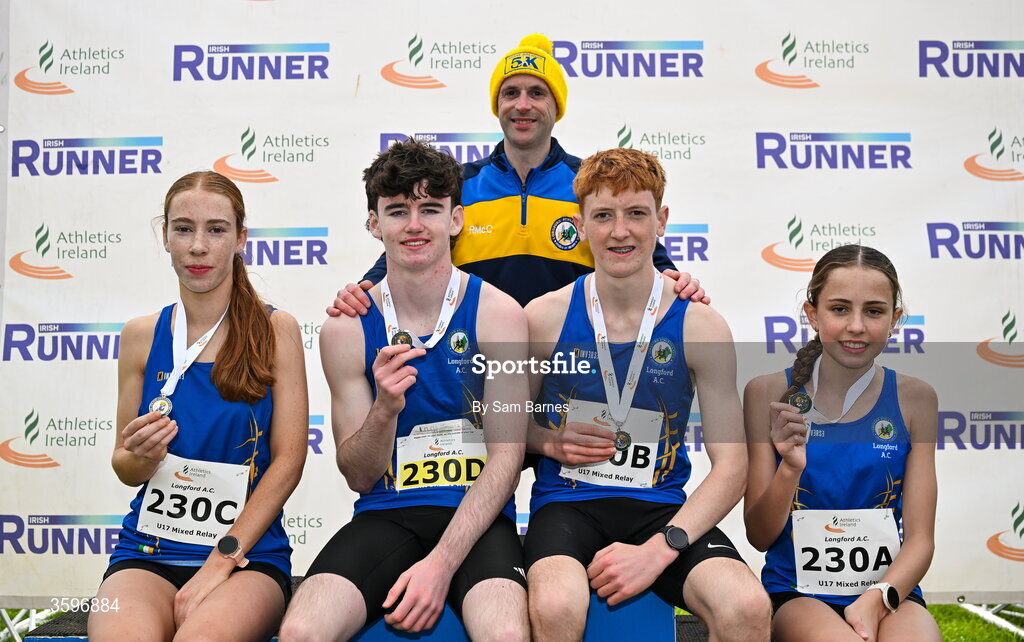18 October 2026; Athletes and coaching staff from Longford AC, after finishing second in the U17 4x1000m Mixed Relay during the Autumn Open Cross Country International at the Sport Ireland Campus in Dublin. Photo by Sam Barnes/Sportsfile