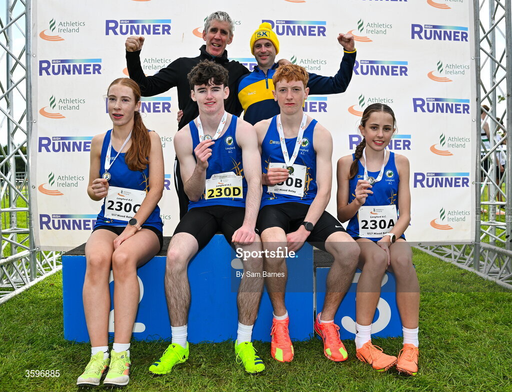 18 October 2026; Athletes and coaching staff from Longford AC, after finishing second in the U17 4x1000m Mixed Relay during the Autumn Open Cross Country International at the Sport Ireland Campus in Dublin. Photo by Sam Barnes/Sportsfile