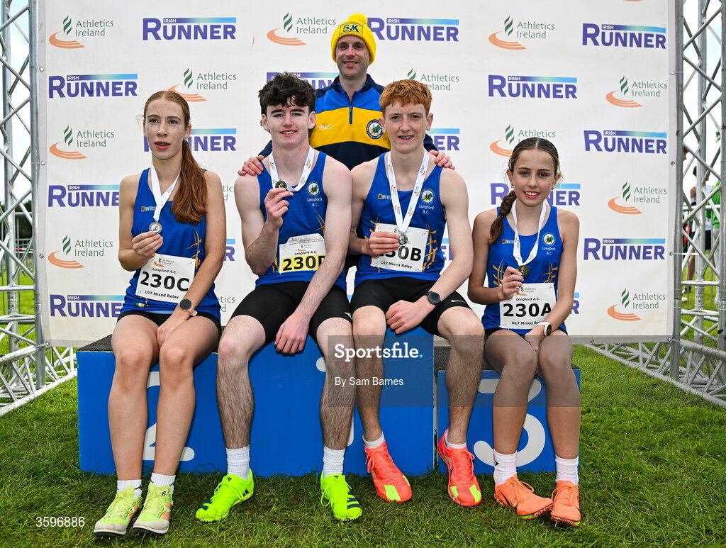 18 October 2026; Athletes and coaching staff from Longford AC, after finishing second in the U17 4x1000m Mixed Relay during the Autumn Open Cross Country International at the Sport Ireland Campus in Dublin. Photo by Sam Barnes/Sportsfile