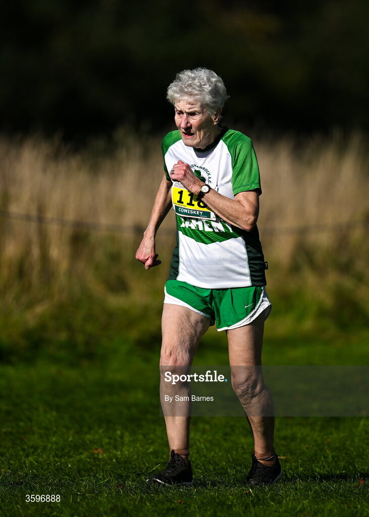 18 October 2026; June Comiskey of Raheny Shamrock AC, Dublin, competing in the Master Women O65+ 4500m during the Autumn Open Cross Country International at the Sport Ireland Campus in Dublin. Photo by Sam Barnes/Sportsfile