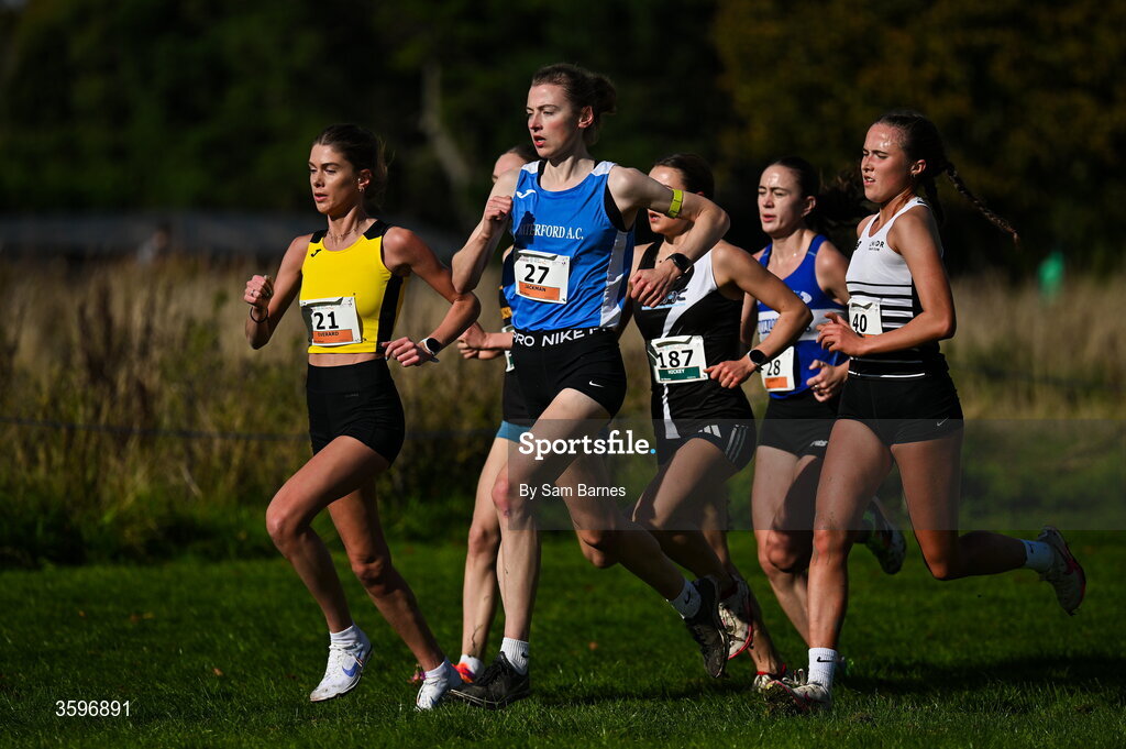 18 October 2026; Patricia Jackman of Waterford AC, centre, competing in the Senior Women 6000m during the Autumn Open Cross Country International at the Sport Ireland Campus in Dublin. Photo by Sam Barnes/Sportsfile