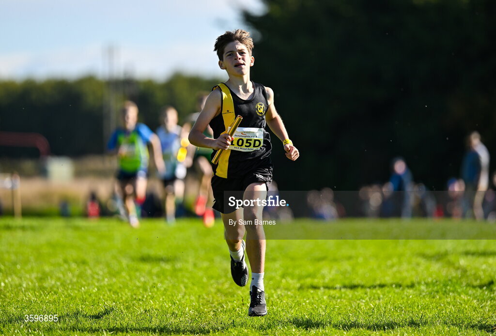 18 October 2026; Daniel Kealy of Dunshaughlin AC A, Meath, on his way to winning the U12 4x500m Mixed Relay during the Autumn Open Cross Country International at the Sport Ireland Campus in Dublin. Photo by Sam Barnes/Sportsfile
