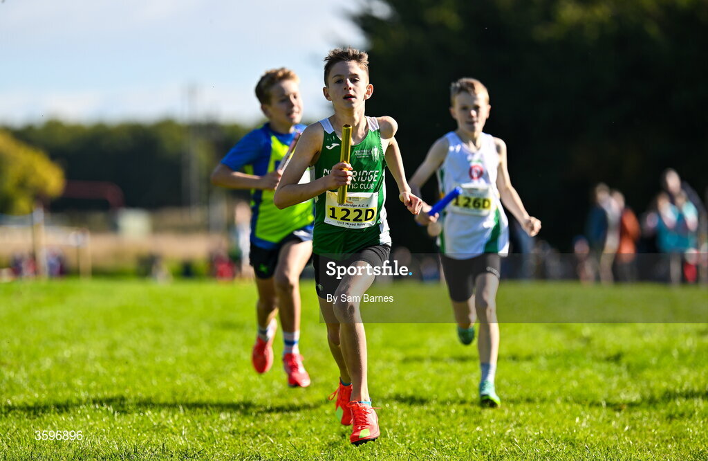 18 October 2026; Tim Barron of Newbridge AC A, Kildare, on his way to finishing second in the U12 4x500m Mixed Relay during the Autumn Open Cross Country International at the Sport Ireland Campus in Dublin. Photo by Sam Barnes/Sportsfile