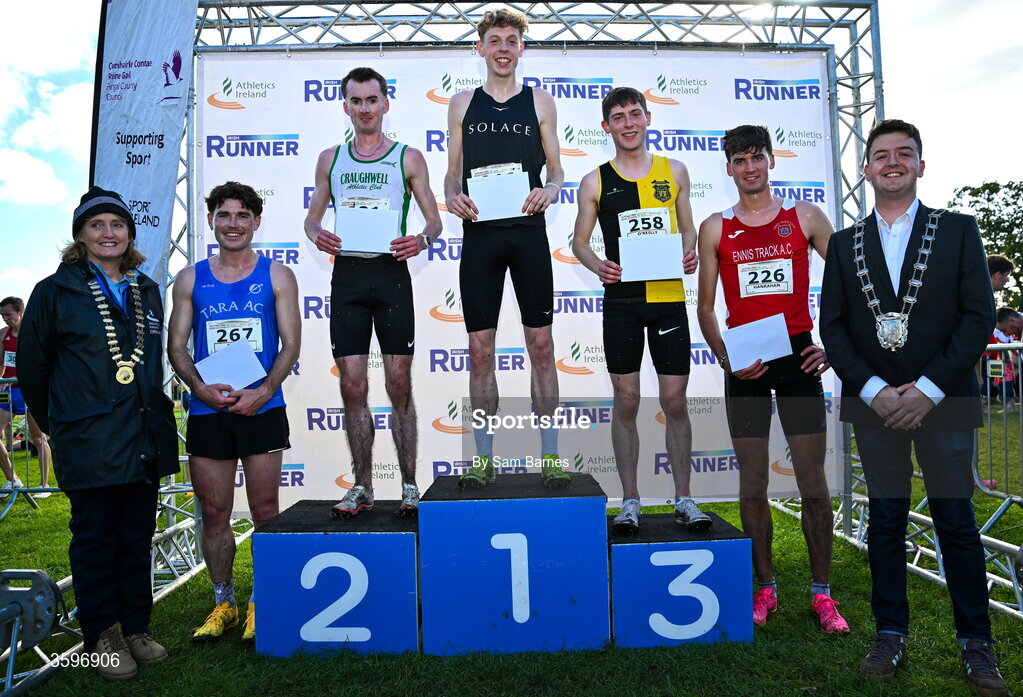 18 October 2026; Athletics Ireland President Brid Golden, left, and Deputy Mayor of Fingal Luke Corkery, right, with Senior Men's 7500m top five finishers, Tony McCambridge of CNDR Track AC, centre, first, William Fitzgerald of Craughwell AC, Galway, third from left, second, Cathal O'Reilly of Kilkenny City Harriers AC, third from right, third, Eoin Smyth of Tara AC, second from left, fourth, and Mark Hanrahan of Ennis Track AC, Clare, second from right, fifth, during the Autumn Open Cross Country International at the Sport Ireland Campus in Dublin. Photo by Sam Barnes/Sportsfile