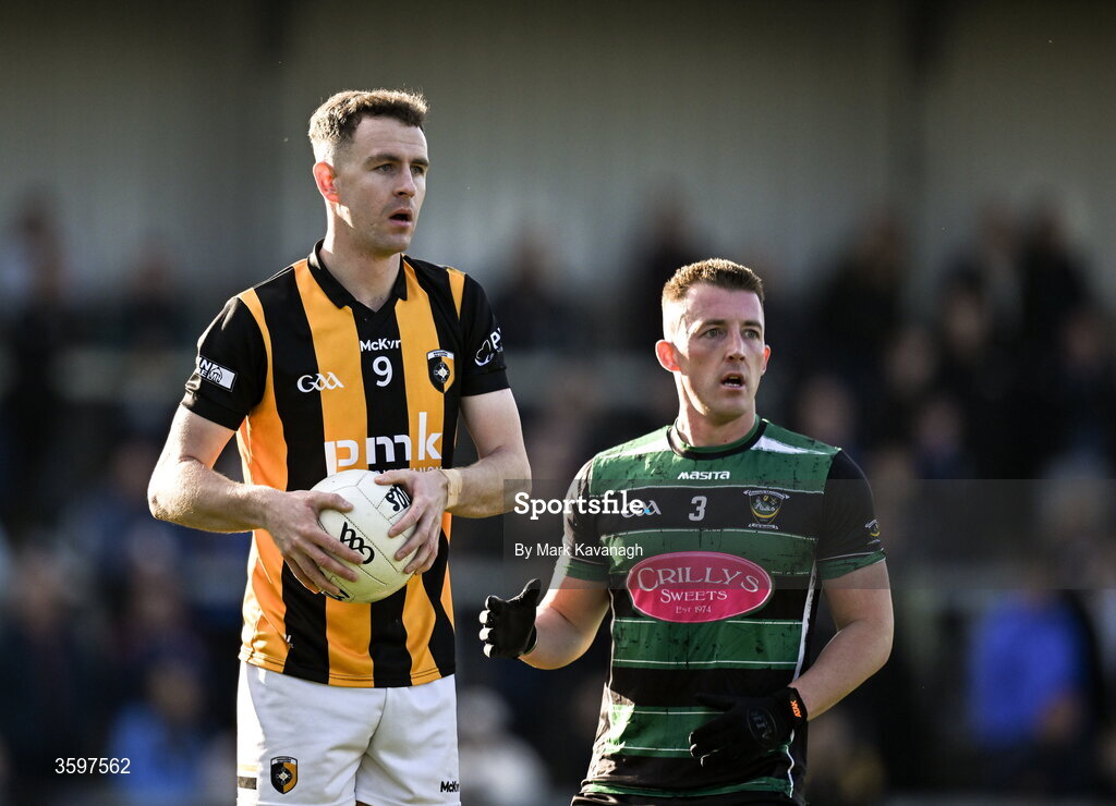 18 October 2026; Pearse Blessing of Crossmaglen Rangers and Kyle Mallow of Killeavy St Moninna react after a square ball is called during the Armagh County Senior Club Football Championship final match between Killeavy St Moninna and Crossmaglen Rangers at BOX-IT Athletic Grounds in Armagh. Photo by Mark Kavanagh/Sportsfile