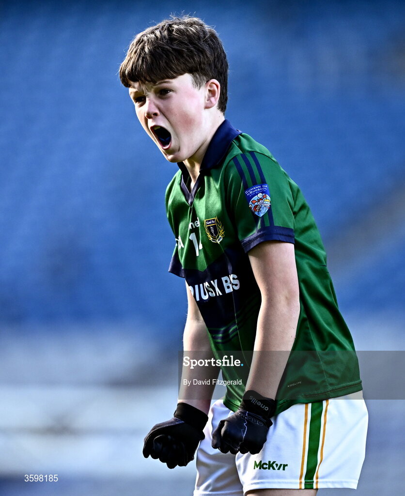 20 October 2026; Alex Donovan of St Pius X BNS celebrates a score during day two of the Cumann na mBunscol 2026 Autumn Football finals match between St Pius X Boys National School and St. Helen's SNS at Croke Park in Dublin. Photo by David Fitzgerald/Sportsfile