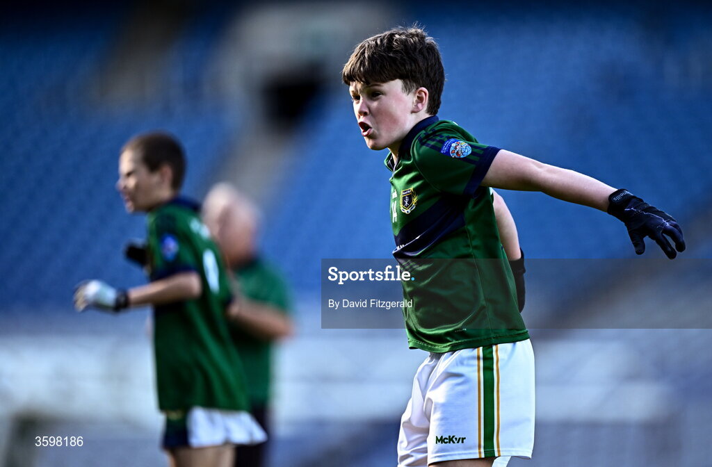 20 October 2026; Alex Donovan of St Pius X BNS celebrates a score during day two of the Cumann na mBunscol 2026 Autumn Football finals match between St Pius X Boys National School and St. Helen's SNS at Croke Park in Dublin. Photo by David Fitzgerald/Sportsfile