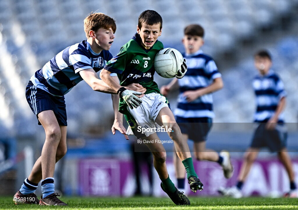 20 October 2026; Billy Sheehan of St Pius X BNS in action against Zac Walsh of St Helen's SNS during day two of the Cumann na mBunscol 2026 Autumn Football finals match between St Pius X Boys National School and St. Helen's SNS at Croke Park in Dublin. Photo by David Fitzgerald/Sportsfile