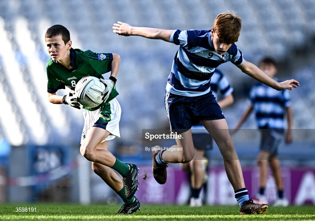 20 October 2026; Billy Sheehan of St Pius X BNS in action against Zac Walsh of St Helen's SNS during day two of the Cumann na mBunscol 2026 Autumn Football finals match between St Pius X Boys National School and St. Helen's SNS at Croke Park in Dublin. Photo by David Fitzgerald/Sportsfile