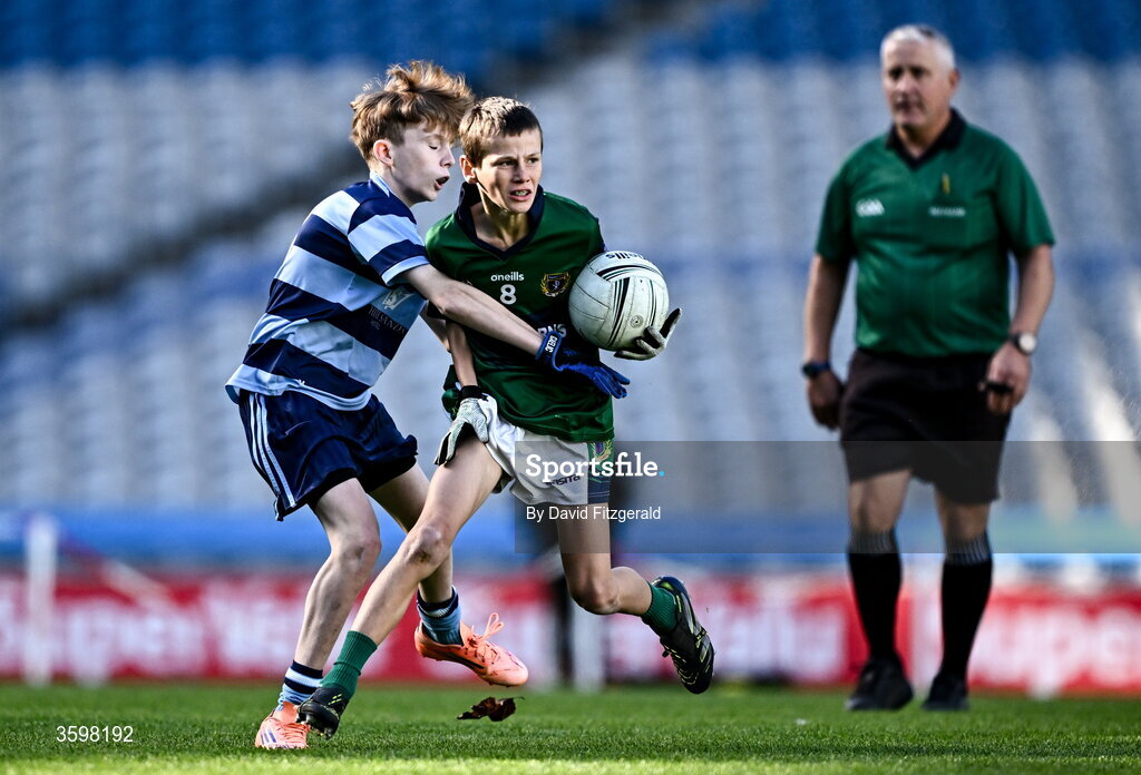 20 October 2026; Billy Sheehan of St Pius X BNS in action against Zac Walsh of St Helen's SNS during day two of the Cumann na mBunscol 2026 Autumn Football finals match between St Pius X Boys National School and St. Helen's SNS at Croke Park in Dublin. Photo by David Fitzgerald/Sportsfile