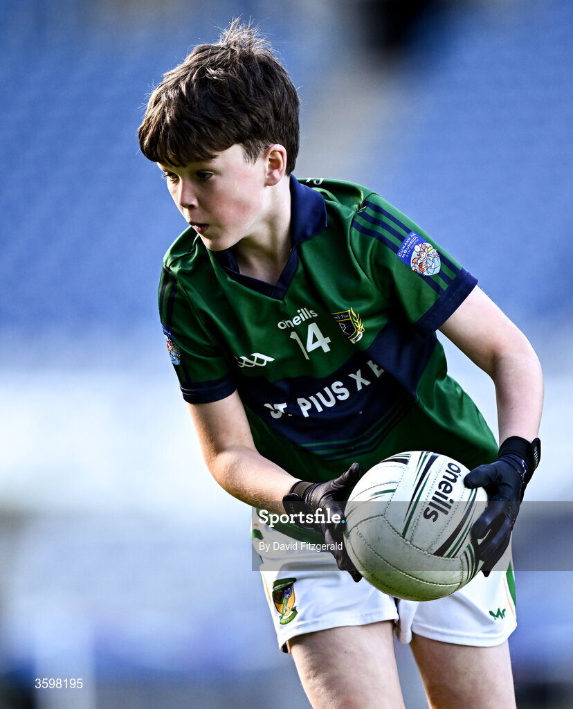20 October 2026; Alex Donovan of St Pius X BNS during day two of the Cumann na mBunscol 2026 Autumn Football finals match between St Pius X Boys National School and St. Helen's SNS at Croke Park in Dublin. Photo by David Fitzgerald/Sportsfile