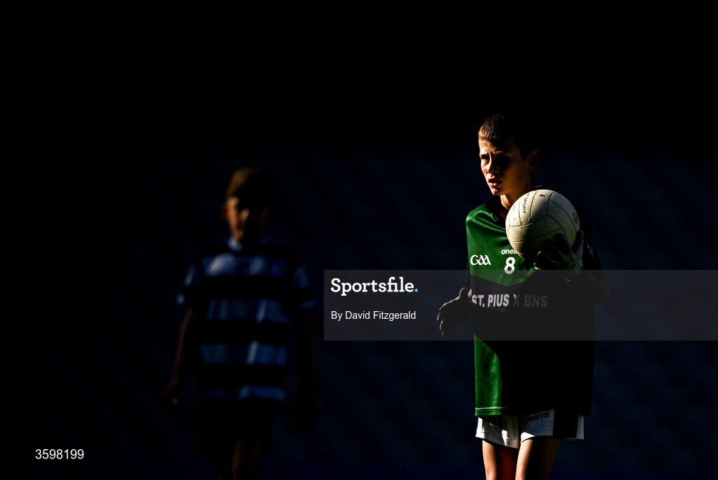 20 October 2026; Billy Sheehan of St Pius X BNS during day two of the Cumann na mBunscol 2026 Autumn Football finals match between St Pius X Boys National School and St. Helen's SNS at Croke Park in Dublin. Photo by David Fitzgerald/Sportsfile