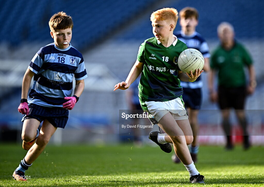 20 October 2026; Daithí Jones of St Pius X BNS in action against Conor Butterly of St Helen's SNS during day two of the Cumann na mBunscol 2026 Autumn Football finals match between St Pius X Boys National School and St. Helen's SNS at Croke Park in Dublin. Photo by David Fitzgerald/Sportsfile