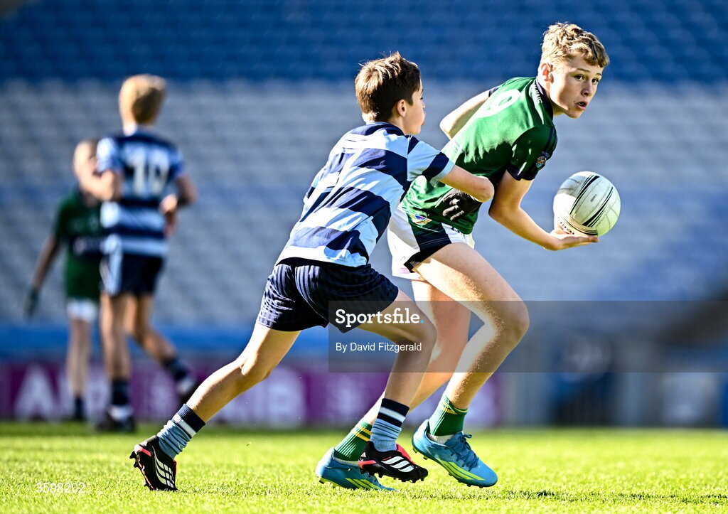 20 October 2026; Sean Harrison of St Pius X BNS in action against Luke Peyton of St Helen's SNS during day two of the Cumann na mBunscol 2026 Autumn Football finals match between St Pius X Boys National School and St. Helen's SNS at Croke Park in Dublin. Photo by David Fitzgerald/Sportsfile