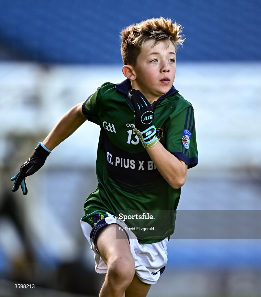 20 October 2026; Aiden Bastick of St Pius X BNS during day two of the Cumann na mBunscol 2026 Autumn Football finals match between St Pius X Boys National School and St. Helen's SNS at Croke Park in Dublin. Photo by David Fitzgerald/Sportsfile