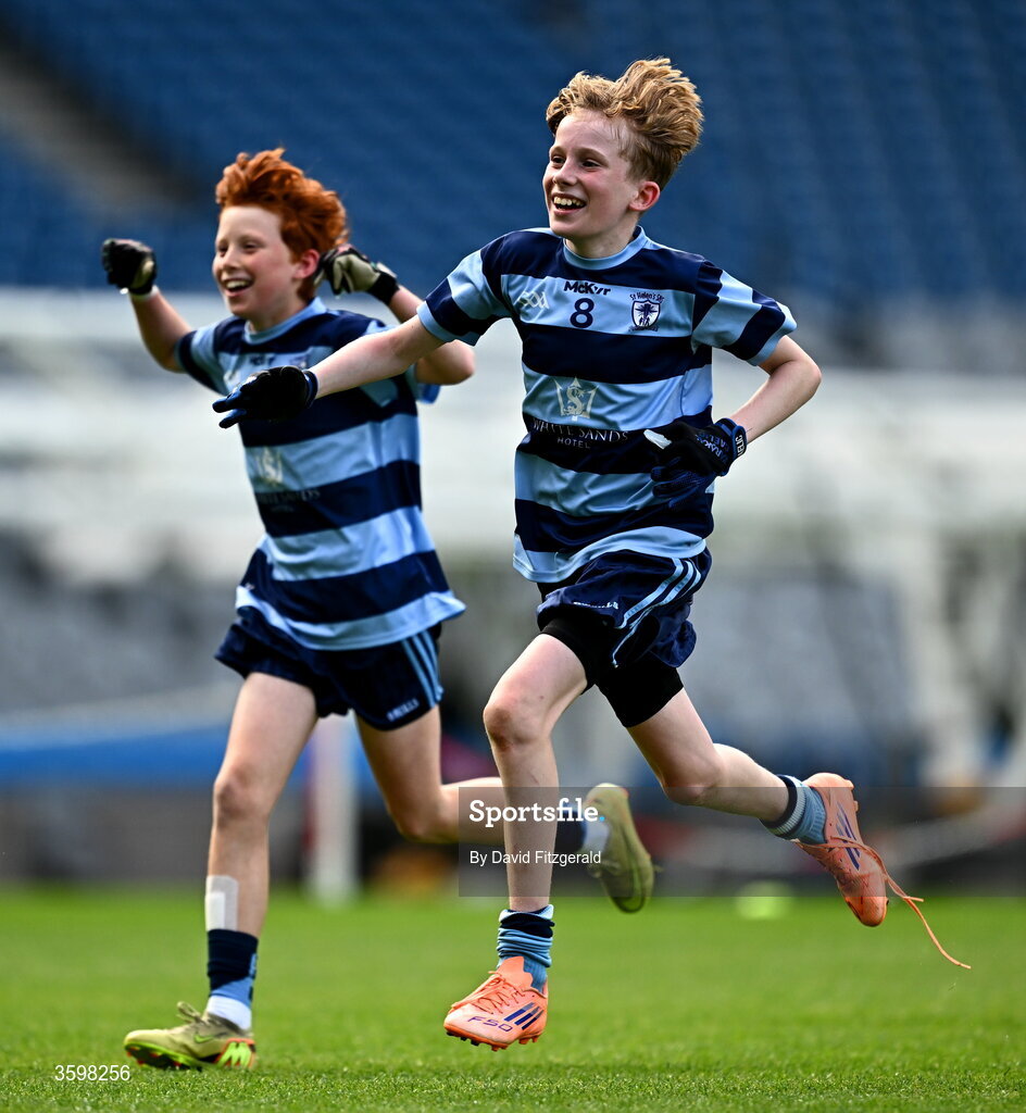 20 October 2026; Dillon Jameson, right, and Charlie Smith of St Helen's SNS celebrate after day two of the Cumann na mBunscol 2026 Autumn Football finals match between St Pius X Boys National School and St. Helen's SNS at Croke Park in Dublin. Photo by David Fitzgerald/Sportsfile