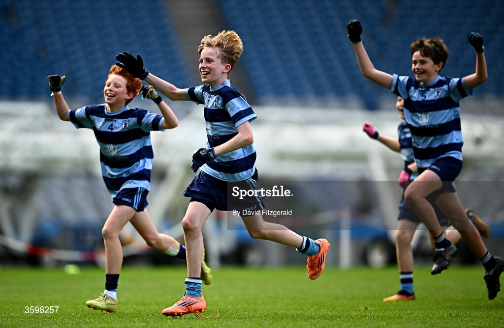 20 October 2026; Dillon Jameson, centre, Charlie Smith, left, and Harry McGowan of St Helen's SNS celebrate after day two of the Cumann na mBunscol 2026 Autumn Football finals match between St Pius X Boys National School and St. Helen's SNS at Croke Park in Dublin. Photo by David Fitzgerald/Sportsfile