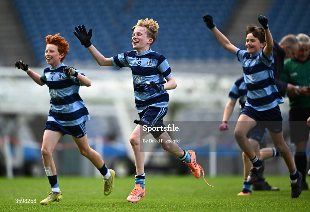 20 October 2026; Dillon Jameson, centre, Charlie Smith, left, and Harry McGowan of St Helen's SNS celebrate after day two of the Cumann na mBunscol 2026 Autumn Football finals match between St Pius X Boys National School and St. Helen's SNS at Croke Park in Dublin. Photo by David Fitzgerald/Sportsfile
