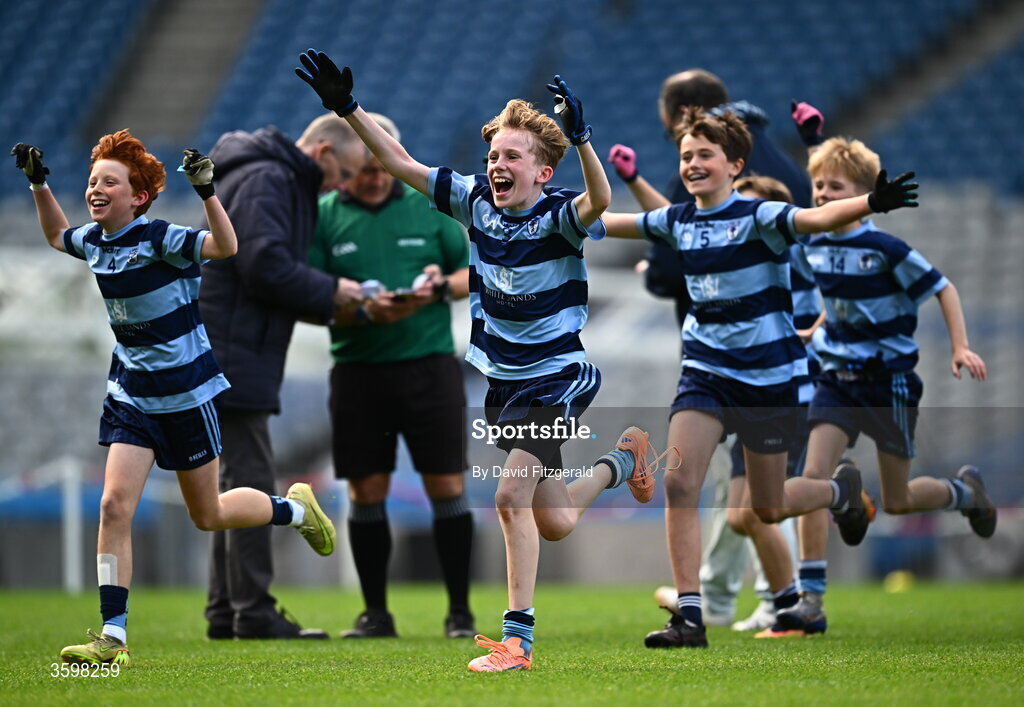 20 October 2026; Dillon Jameson, centre, Charlie Smith, left, and Harry McGowan of St Helen's SNS celebrate after day two of the Cumann na mBunscol 2026 Autumn Football finals match between St Pius X Boys National School and St. Helen's SNS at Croke Park in Dublin. Photo by David Fitzgerald/Sportsfile