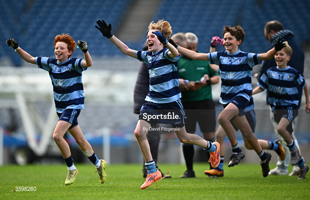 20 October 2026; Dillon Jameson, centre, Charlie Smith, left, and Harry McGowan of St Helen's SNS celebrate after day two of the Cumann na mBunscol 2026 Autumn Football finals match between St Pius X Boys National School and St. Helen's SNS at Croke Park in Dublin. Photo by David Fitzgerald/Sportsfile