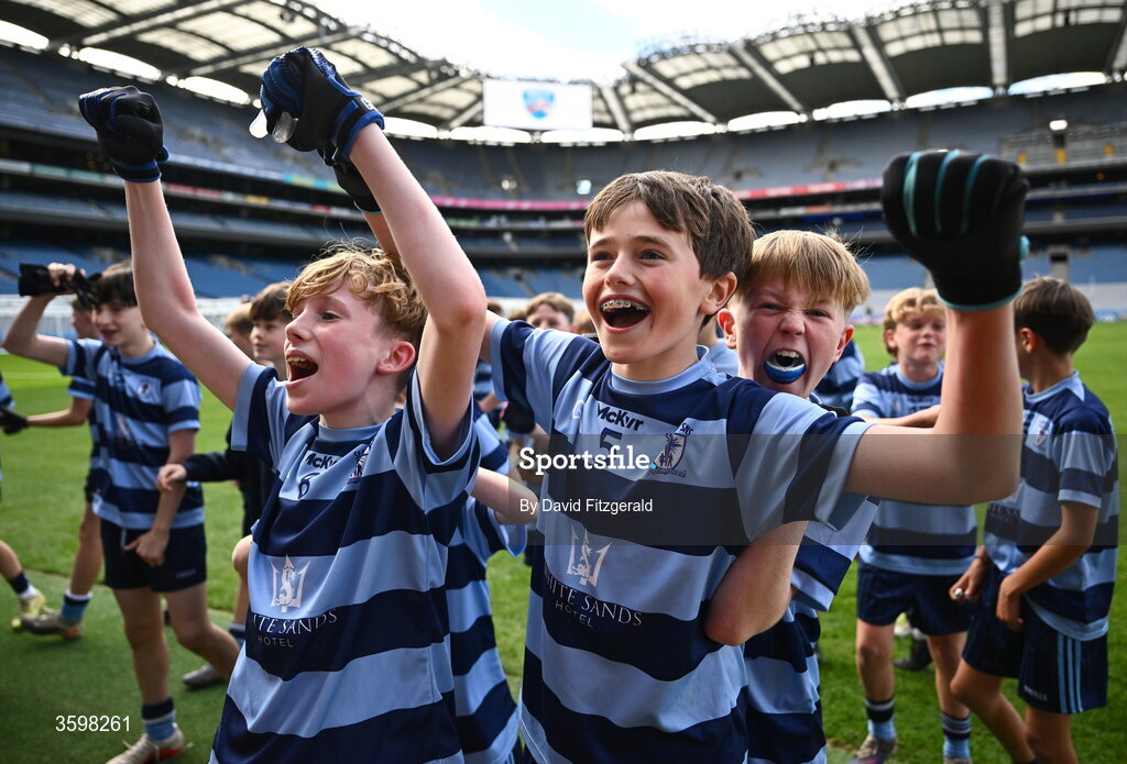 20 October 2026; Harry McGowan, right, and Dillon Jameson of St Helen's SNS celebrate after day two of the Cumann na mBunscol 2026 Autumn Football finals match between St Pius X Boys National School and St. Helen's SNS at Croke Park in Dublin. Photo by David Fitzgerald/Sportsfile