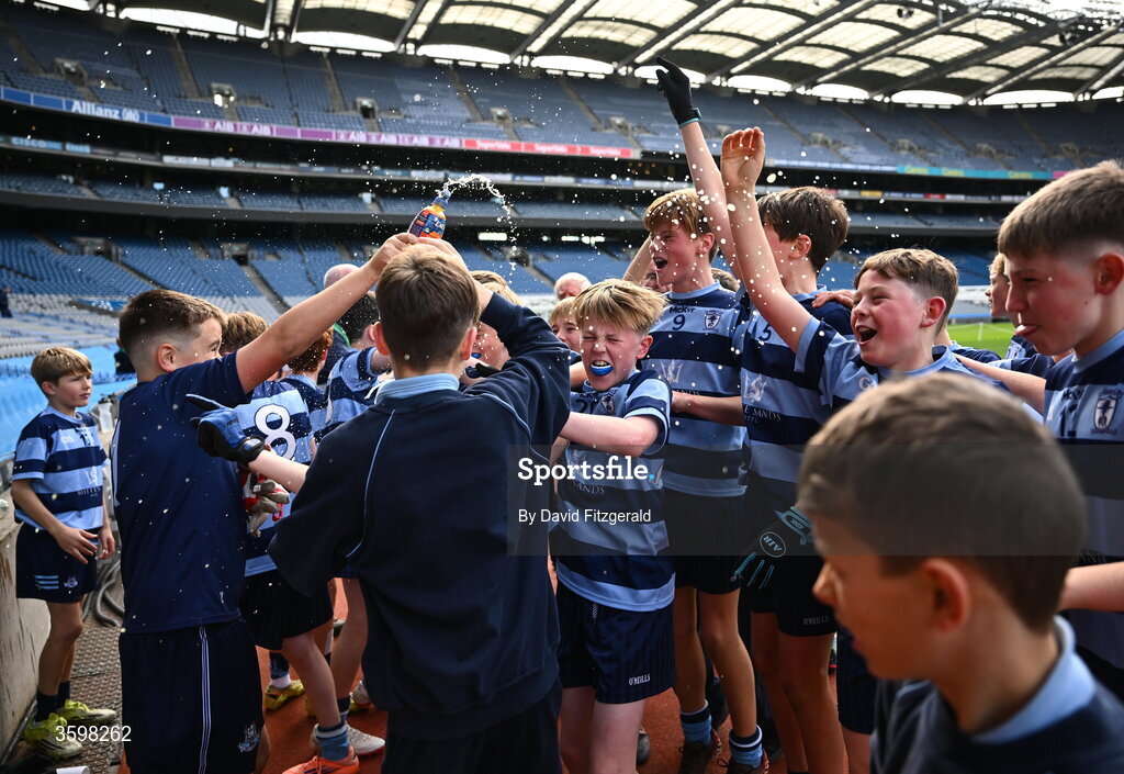 20 October 2026; St Helen's SNS players celebrate after day two of the Cumann na mBunscol 2026 Autumn Football finals match between St Pius X Boys National School and St. Helen's SNS at Croke Park in Dublin. Photo by David Fitzgerald/Sportsfile