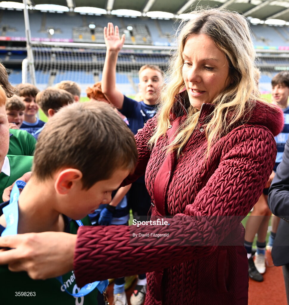 20 October 2026; RTE Presenter Marie Crowe with her son Billy Sheehan of St Pius X BNS during day two of the Cumann na mBunscol 2026 Autumn Football finals match between St Pius X Boys National School and St. Helen's SNS at Croke Park in Dublin. Photo by David Fitzgerald/Sportsfile