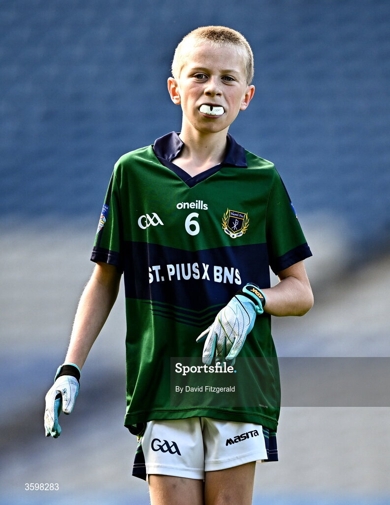 20 October 2026; Sam Hanlon of St Pius X BNS during day two of the Cumann na mBunscol 2026 Autumn Football finals match between St Pius X Boys National School and St. Helen's SNS at Croke Park in Dublin. Photo by David Fitzgerald/Sportsfile