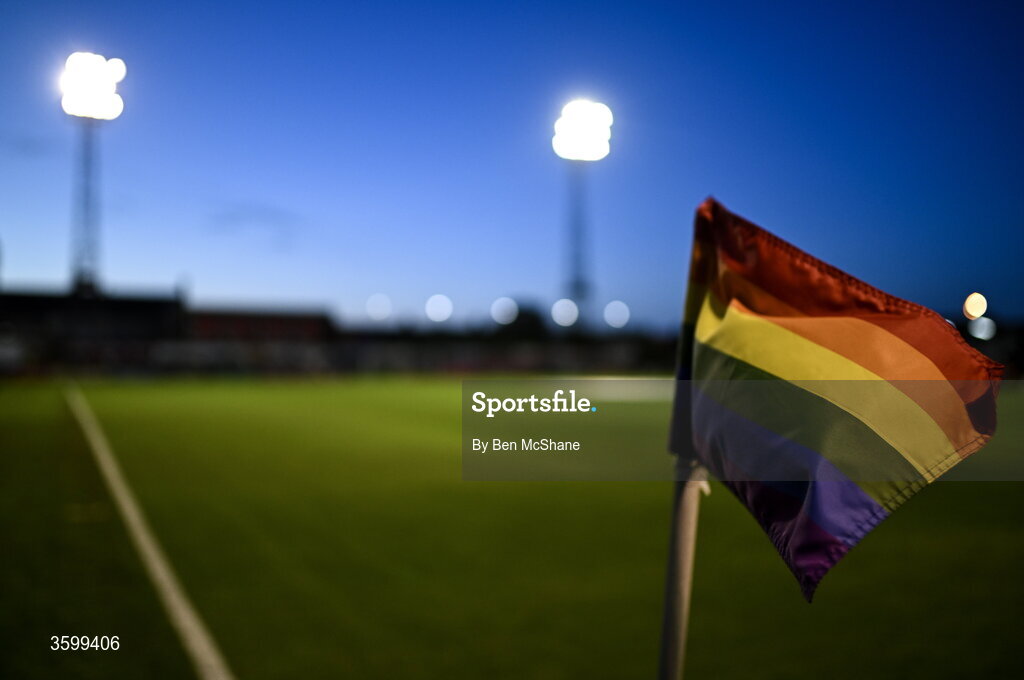 23 October 2026; A pride corner flag is seen pitchside before the SSE Airtricity Men's Premier Division match between Bohemians and Shelbourne at Dalymount Park in Dublin. Photo by Ben McShane/Sportsfile