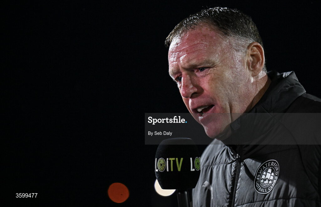 23 October 2026; Waterford head coach Graham Coughlan is interviewed before the SSE Airtricity Men's Premier Division match between Waterford and Drogheda United at RSC in Waterford. Photo by Seb Daly/Sportsfile