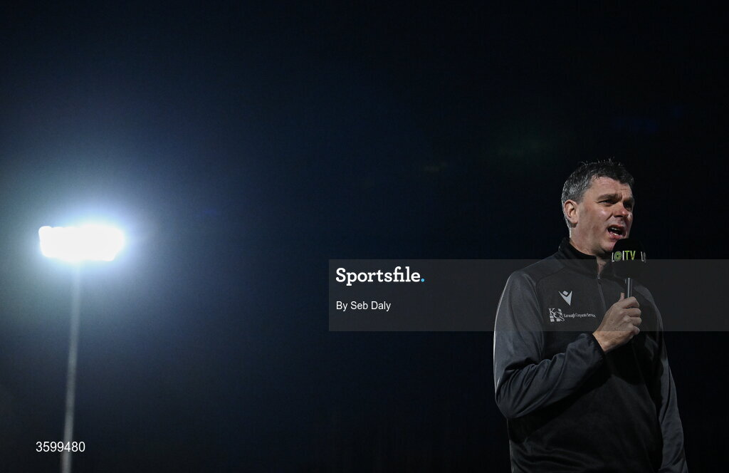 23 October 2026; Drogheda United manager Kevin Doherty is interviewed before the SSE Airtricity Men's Premier Division match between Waterford and Drogheda United at RSC in Waterford. Photo by Seb Daly/Sportsfile
